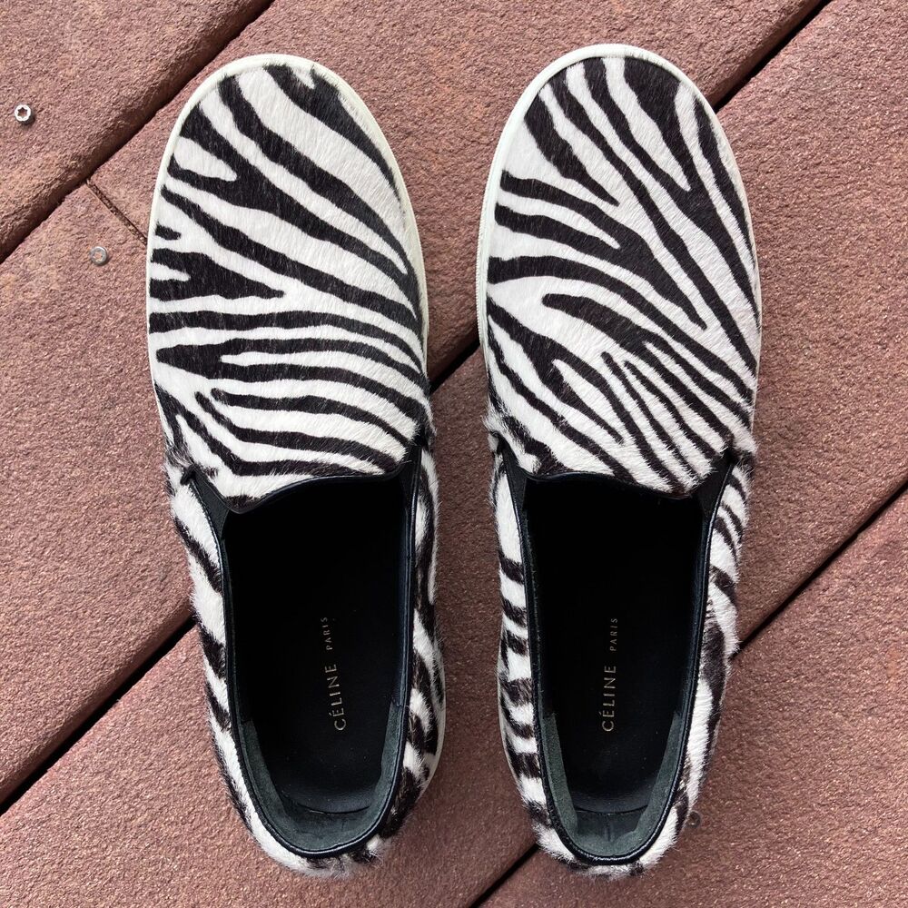Celine Paris Rare Designer Pony Style Calfskin Hair On Zebra Slip On Shoes